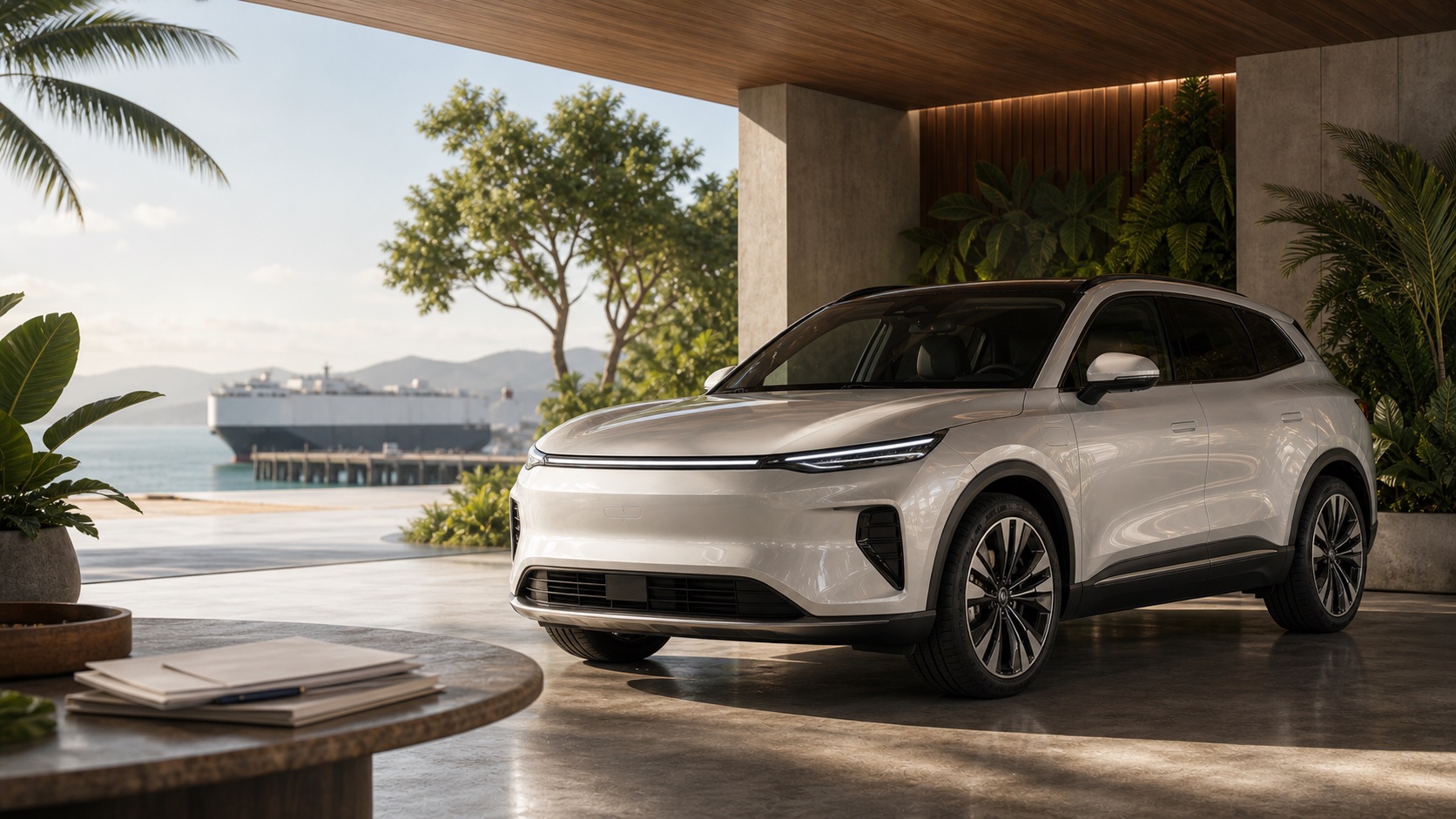 SUV eléctrico en entrega tropical